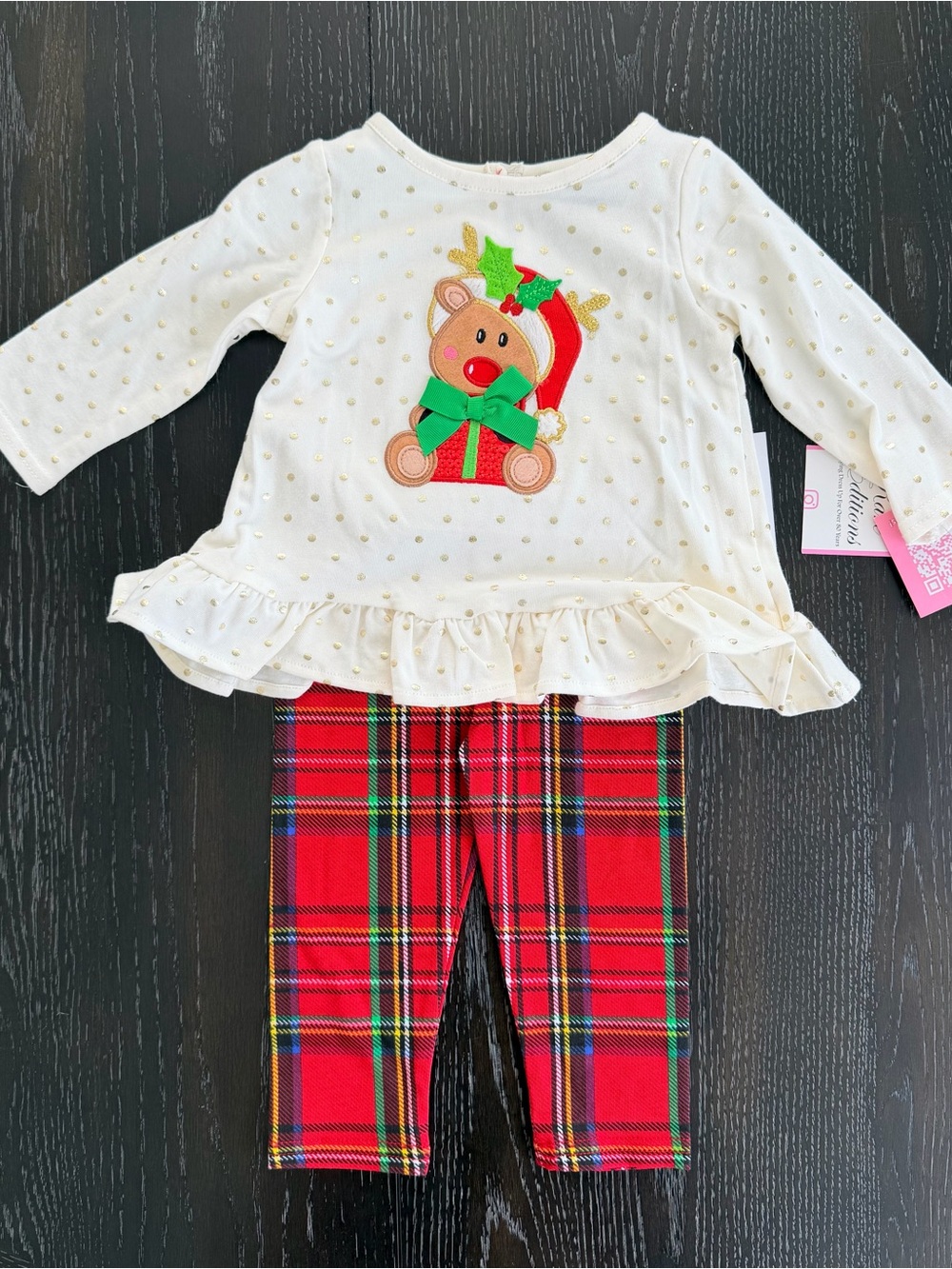 Rare Editions Cream Top with Gold Dots & Red Plaid Leggings Pajama Set